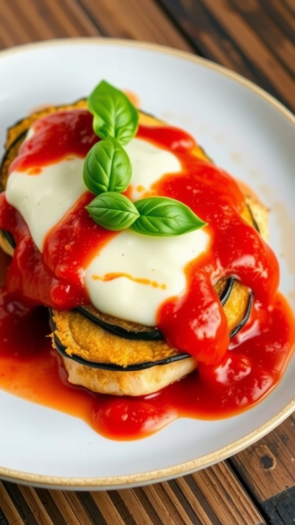 Chicken Sorrentino with Eggplant Chicken Sorrentino with breaded chicken, eggplant, marinara sauce, and melted cheese, garnished with basil.